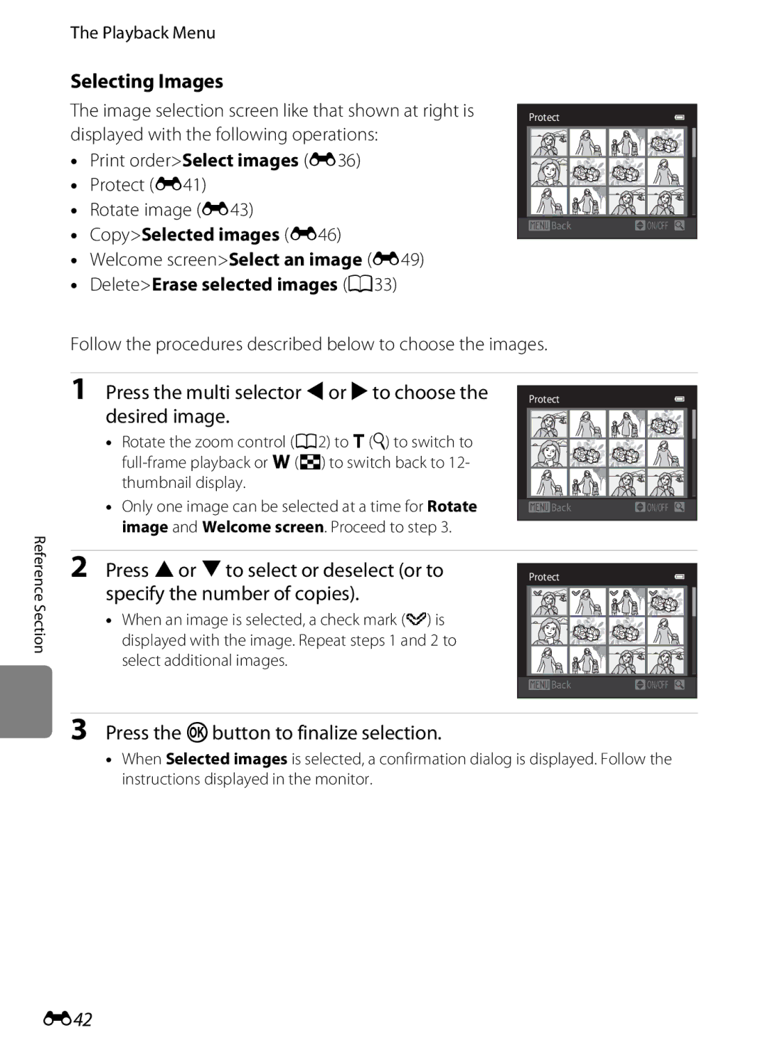 Nikon S3200 manual Selecting Images, Press the multi selector Jor Kto choose the desired image, E42 