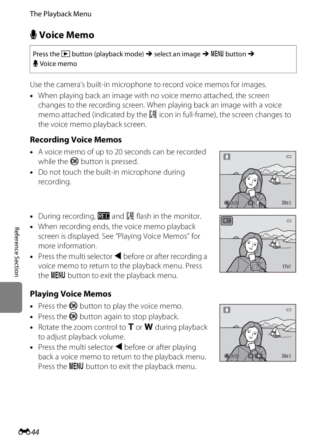 Nikon S3200 manual EVoice Memo, Recording Voice Memos, Playing Voice Memos, E44 
