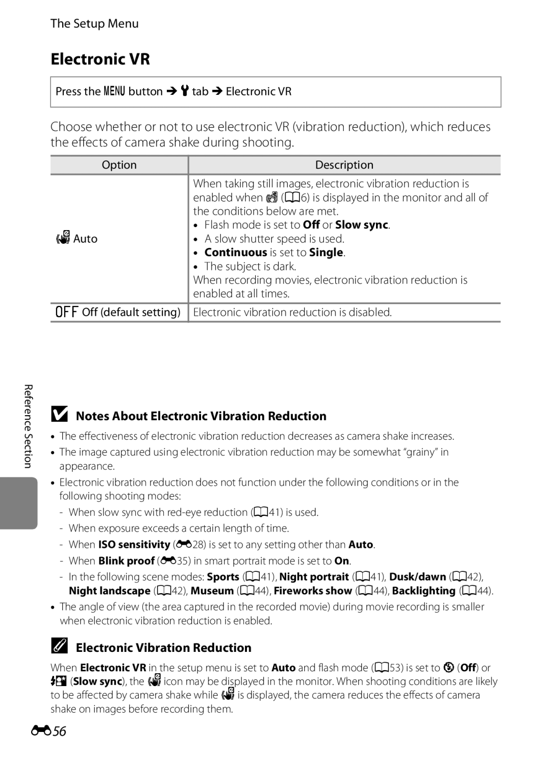 Nikon S3200 manual Electronic VR, E56, Electronic Vibration Reduction, Continuous is set to Single 