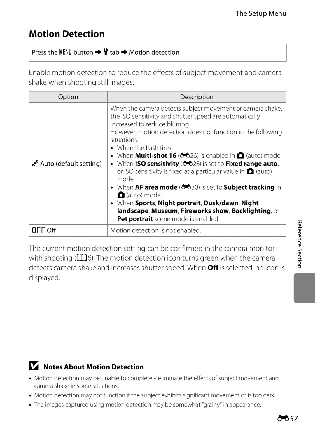 Nikon S3200 manual Motion Detection, E57, Press the d button Mztab MMotion detection 