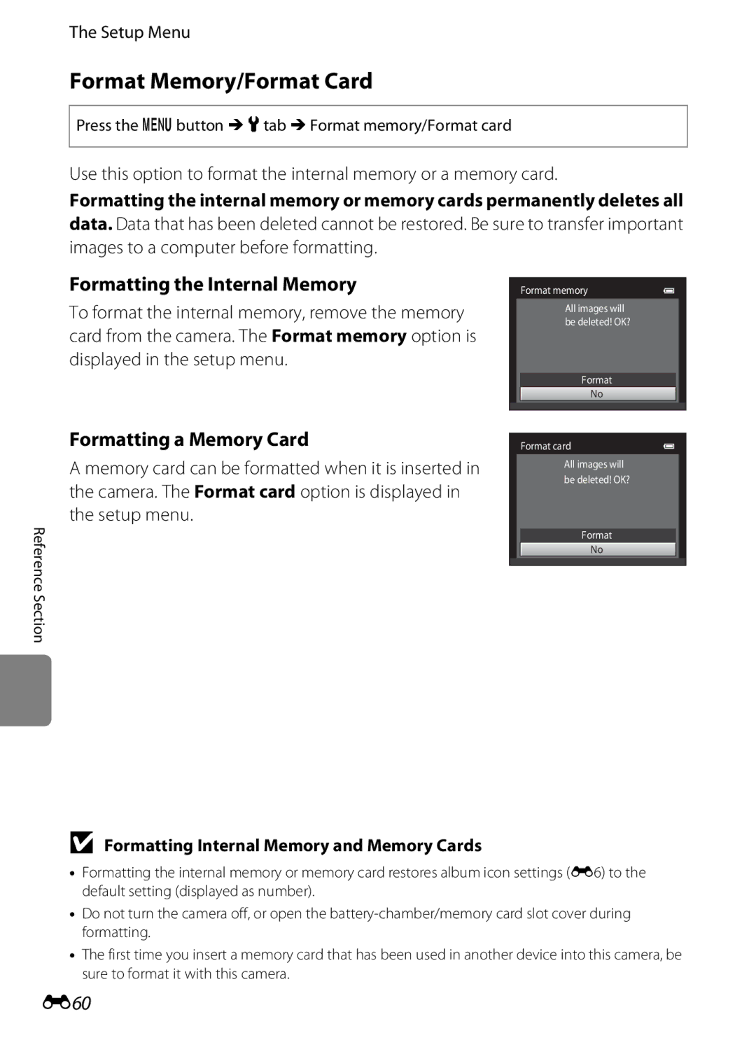 Nikon S3200 manual Format Memory/Format Card, Formatting the Internal Memory, Formatting a Memory Card, E60 