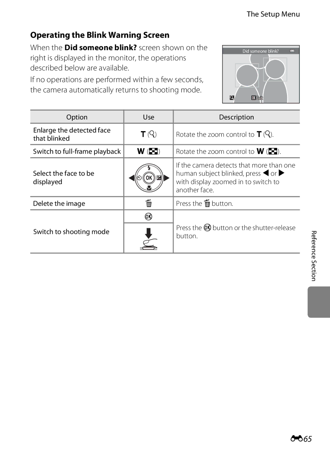 Nikon S3200 manual Operating the Blink Warning Screen, E65 