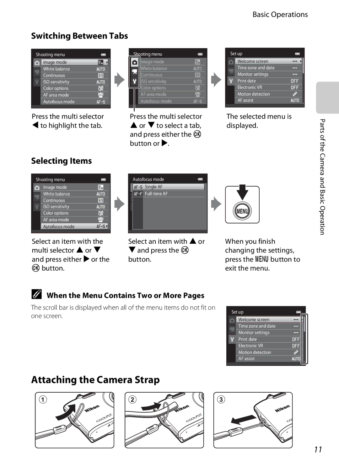 Nikon S3200 Attaching the Camera Strap, Switching Between Tabs, Selecting Items, When the Menu Contains Two or More Pages 