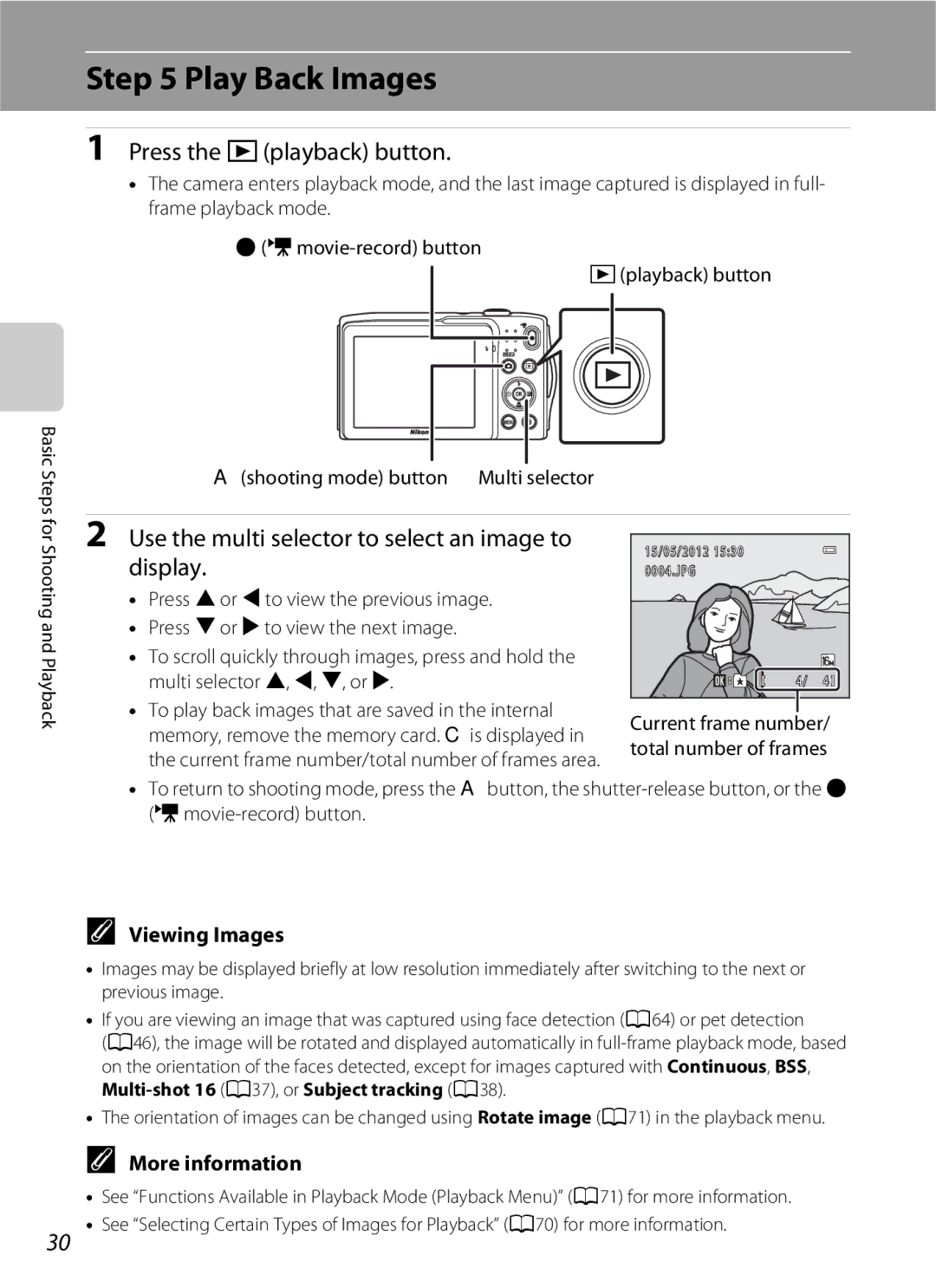 Nikon S3200 manual Play Back Images, Press the cplayback button, Use the multi selector to select an image to display 