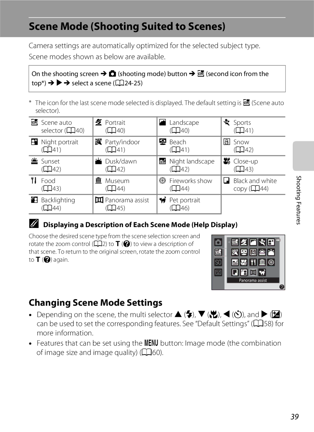 Nikon S3200 manual Scene Mode Shooting Suited to Scenes, Changing Scene Mode Settings, A44 A45 A46 