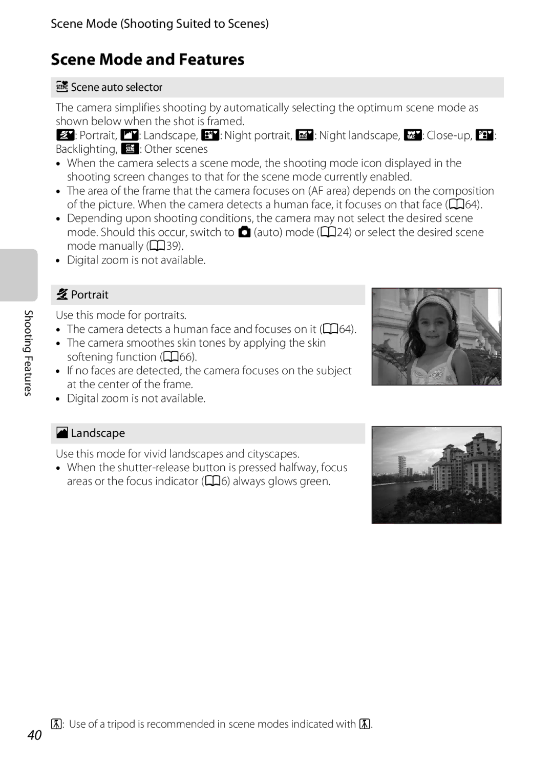 Nikon S3200 manual Scene Mode and Features, Scene Mode Shooting Suited to Scenes 
