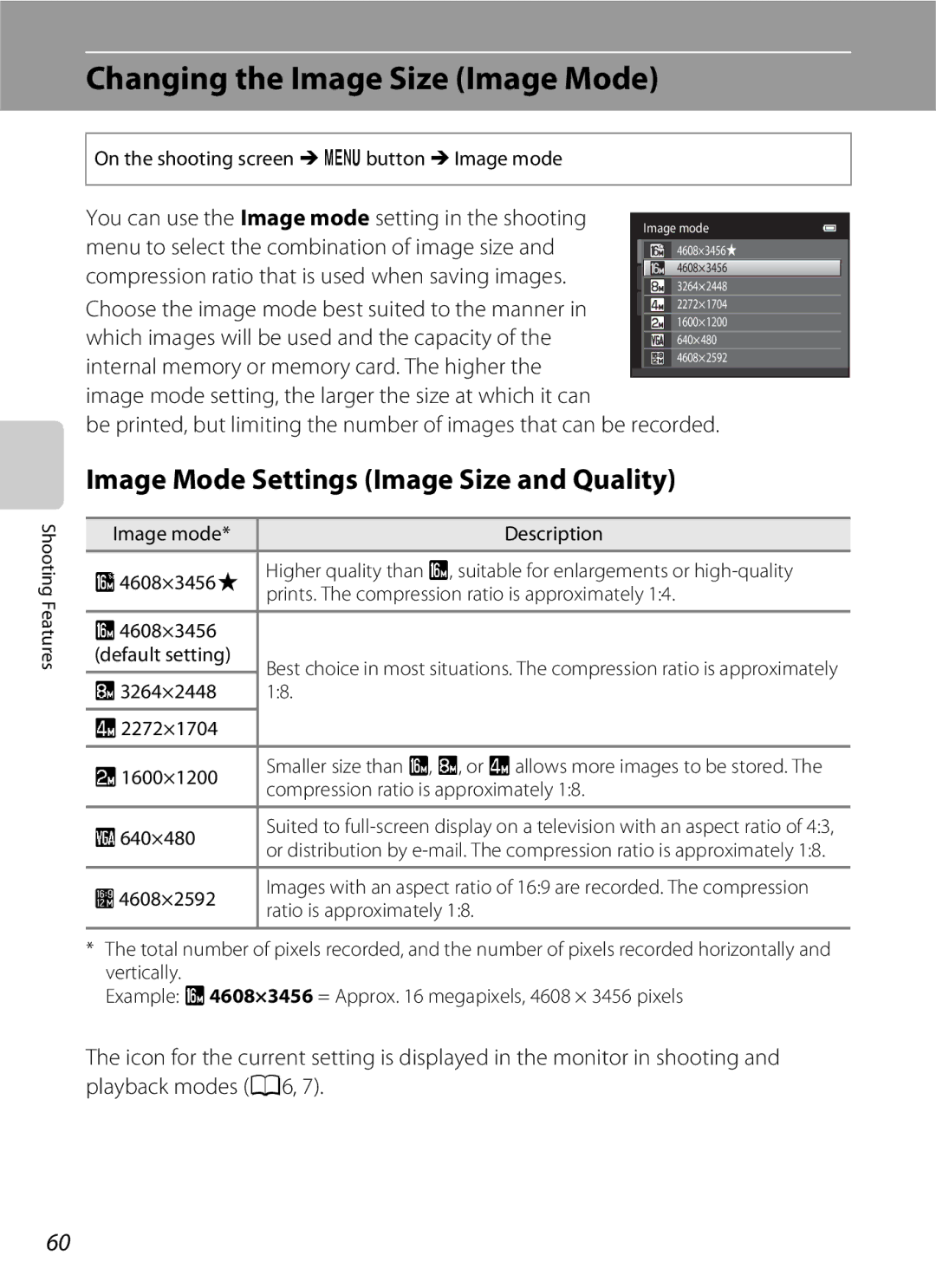 Nikon S3200 manual Changing the Image Size Image Mode, Image Mode Settings Image Size and Quality 