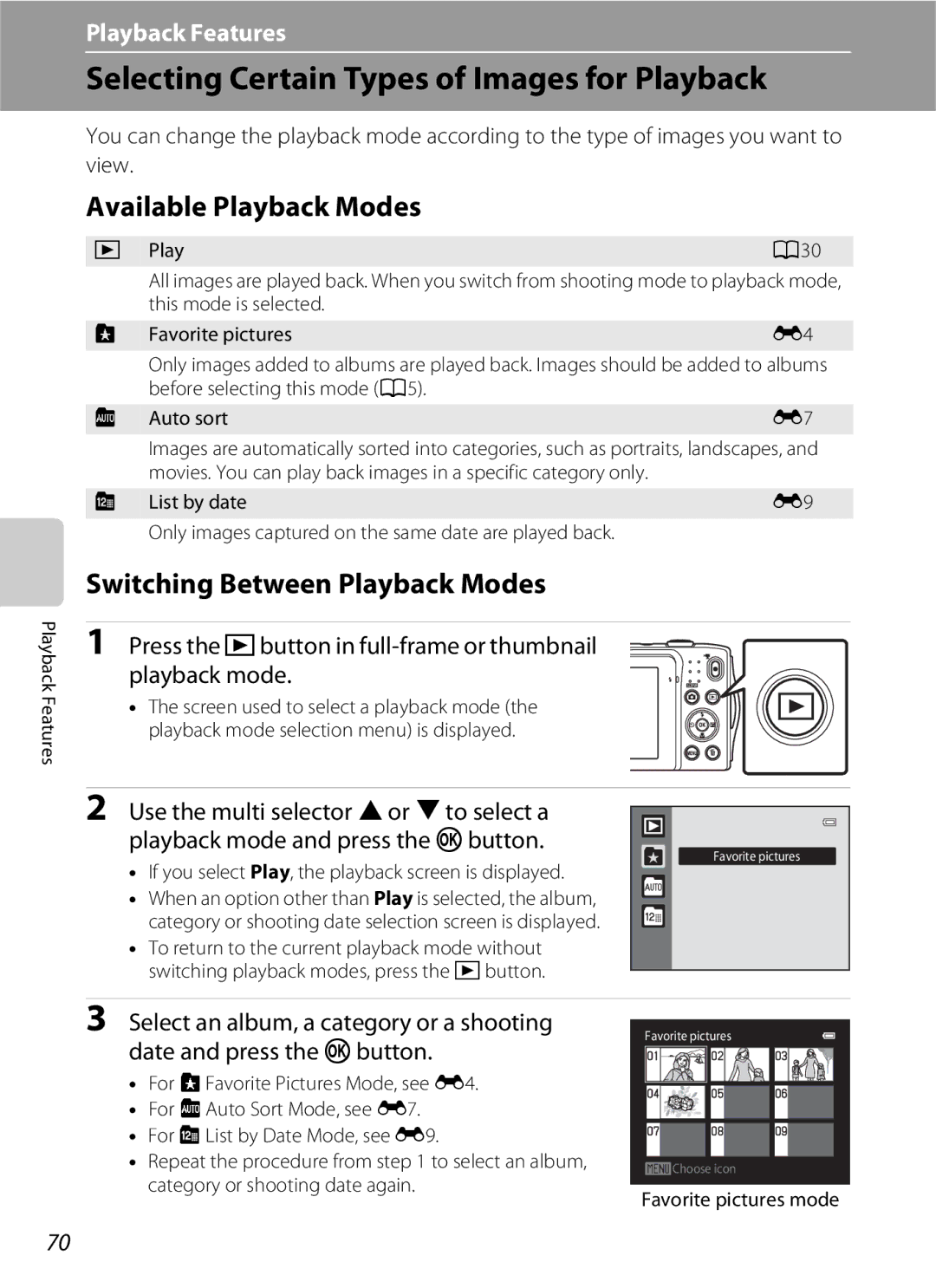 Nikon S3200 Selecting Certain Types of Images for Playback, Available Playback Modes, Switching Between Playback Modes 