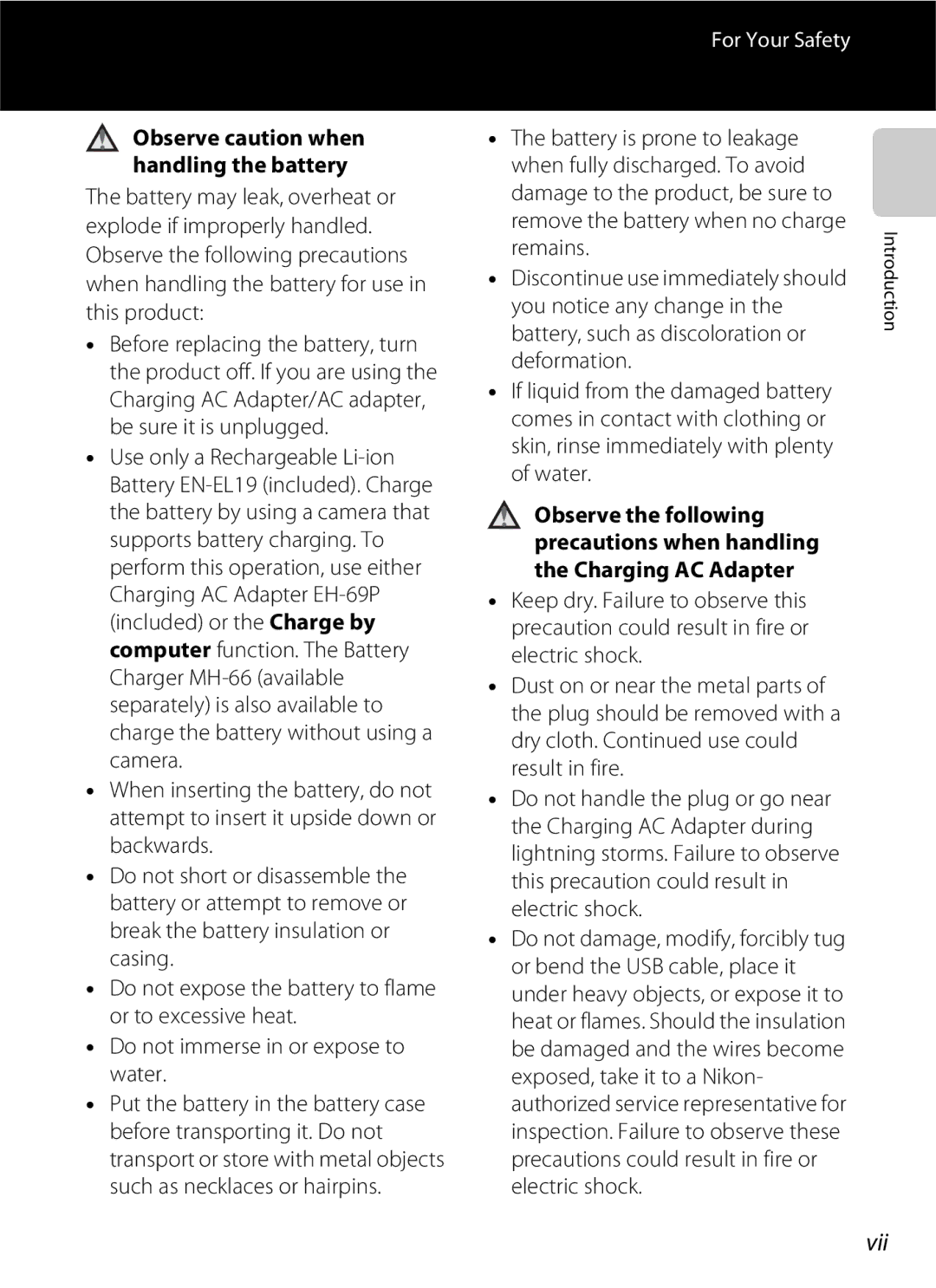 Nikon S3200 manual Vii, Observe caution when handling the battery 