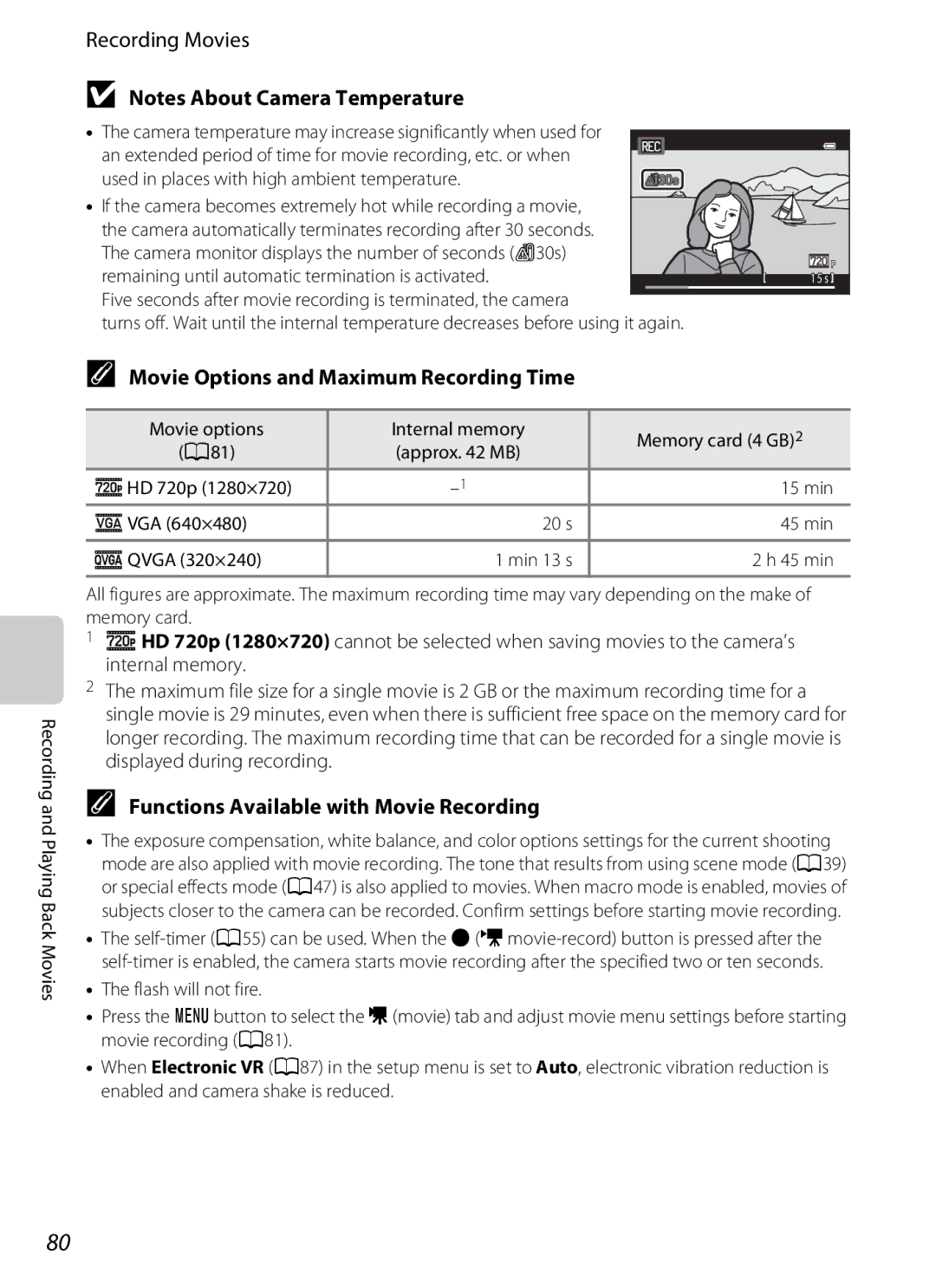 Nikon S3200 manual Movie Options and Maximum Recording Time, Functions Available with Movie Recording 