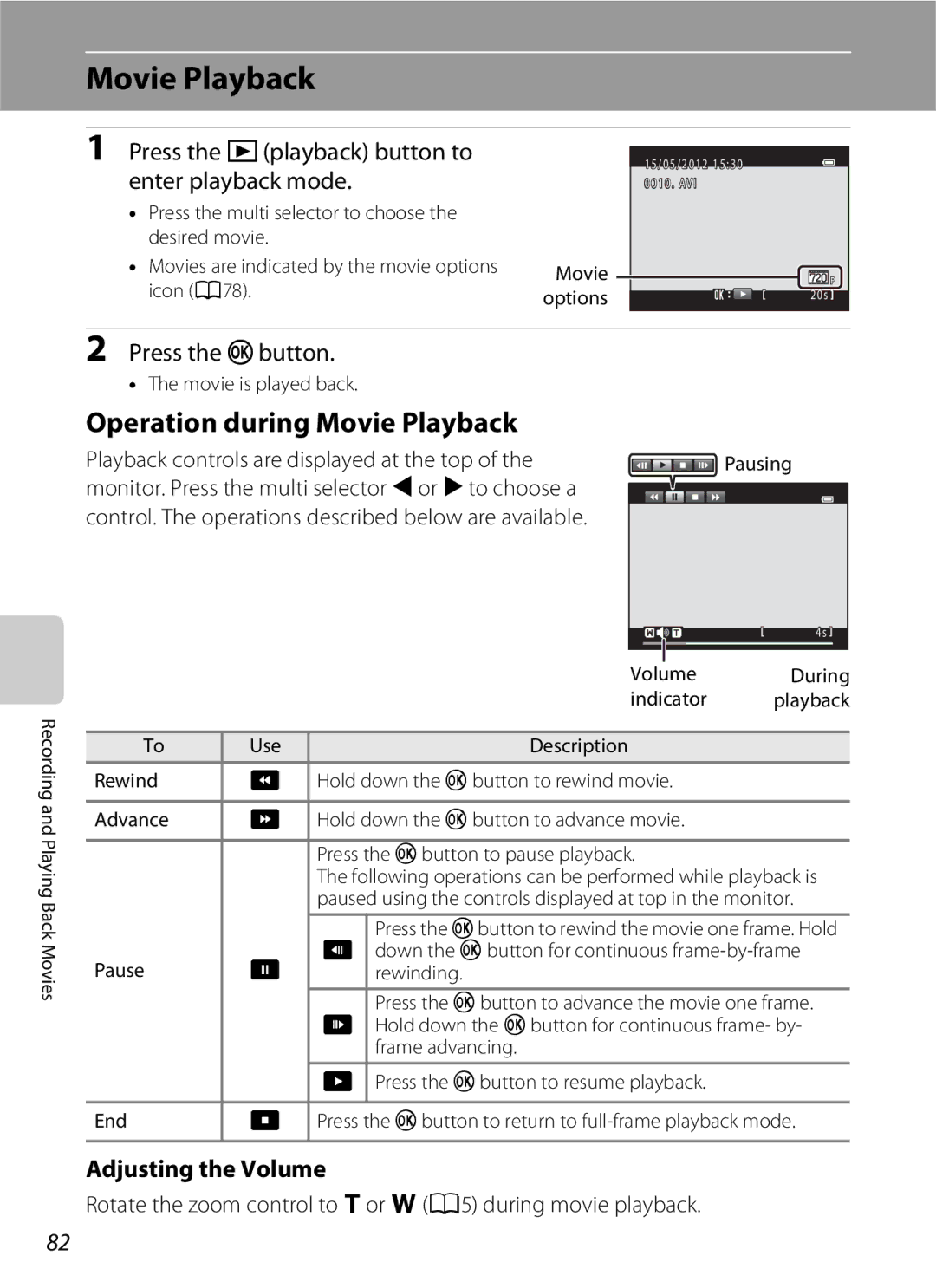 Nikon S3200 Operation during Movie Playback, Press the cplayback button to enter playback mode, Adjusting the Volume 