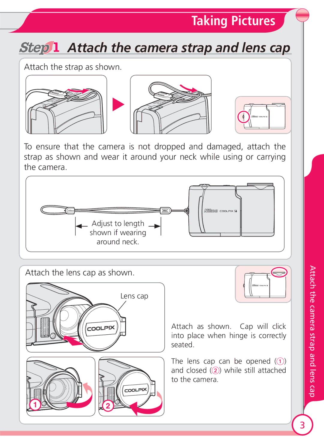 Nikon S4 quick start Attach the camera strap and lens cap, Attach the lens cap as shown 