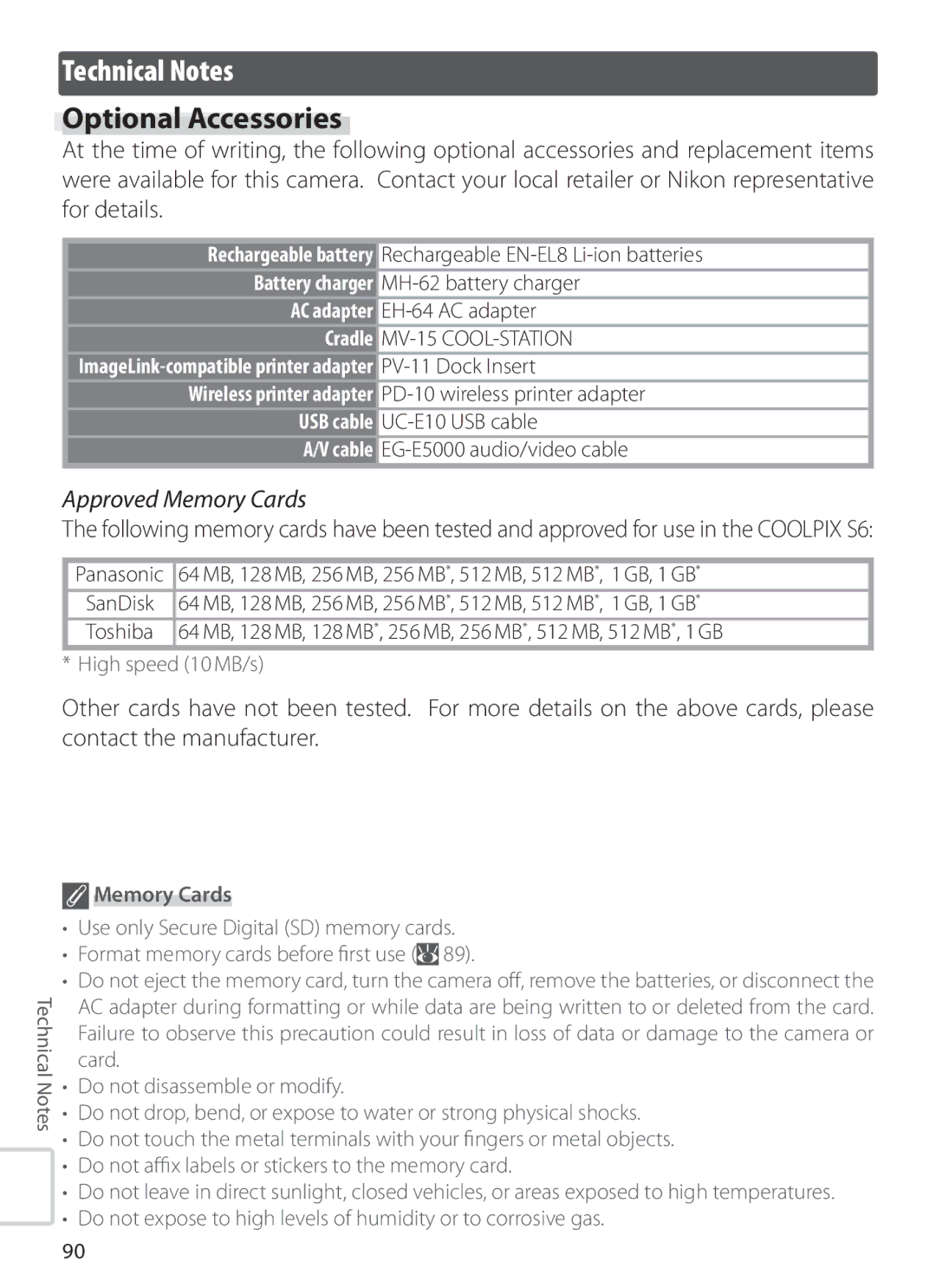 Nikon S6 manual Technical Notes, Optional Accessories, Approved Memory Cards, High speed 10 MB/s 