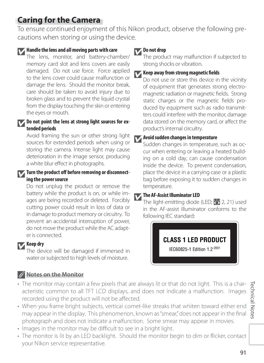 Nikon S6 manual Caring for the Camera, Handle the lens and all moving parts with care 