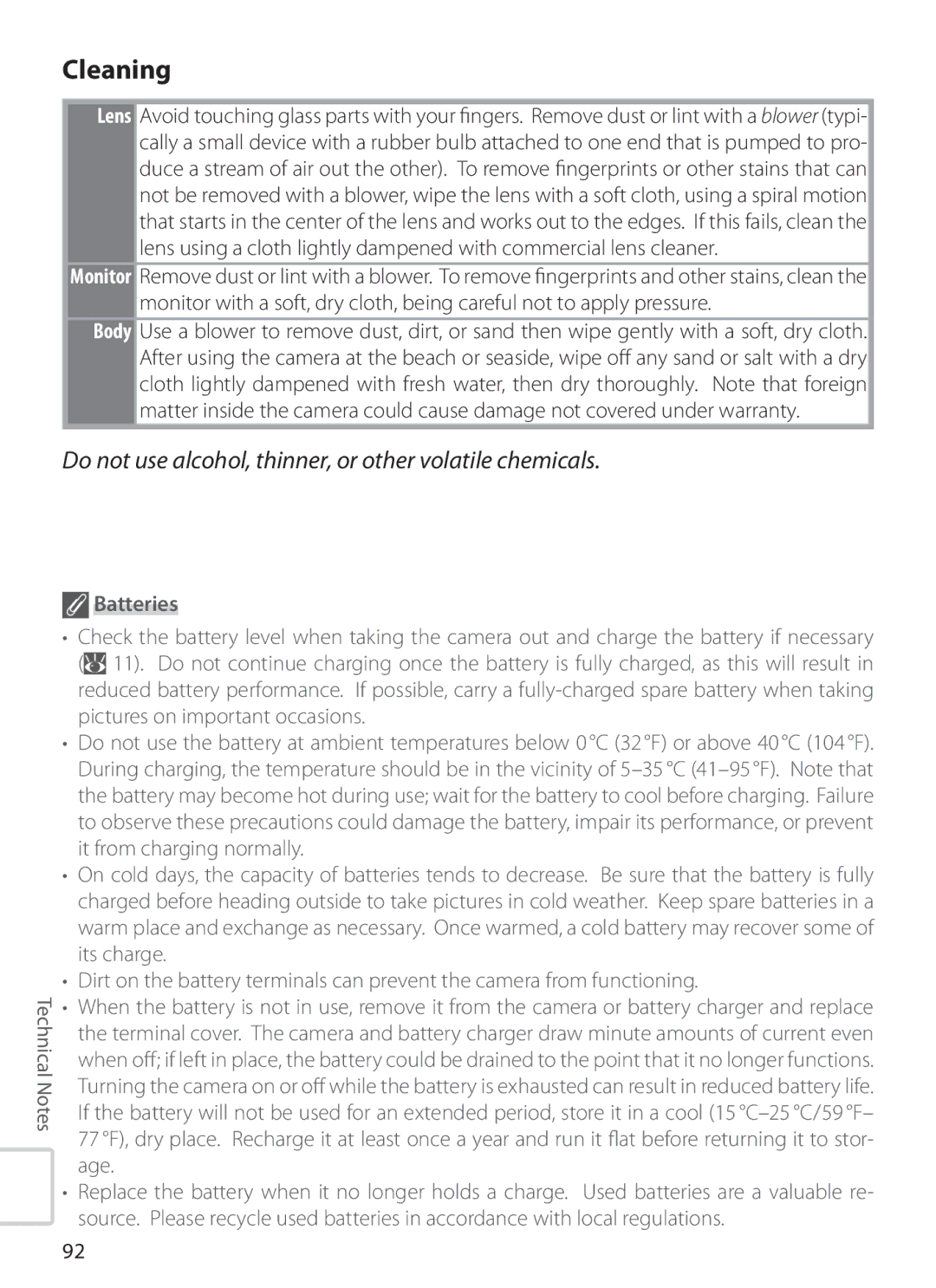 Nikon S6 manual Cleaning, Do not use alcohol, thinner, or other volatile chemicals 