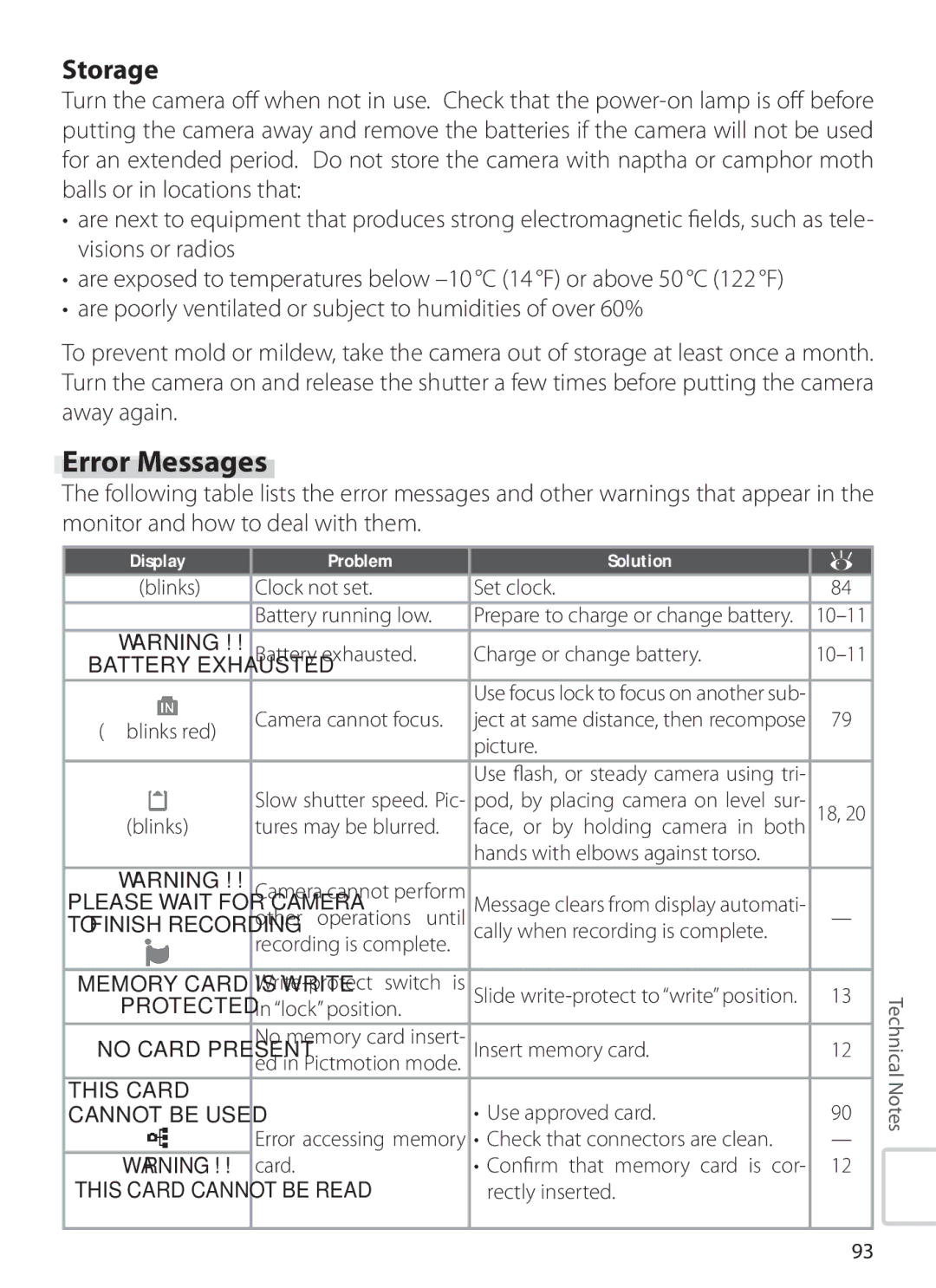 Nikon S6 manual Error Messages, Storage, Display Problem Solution 