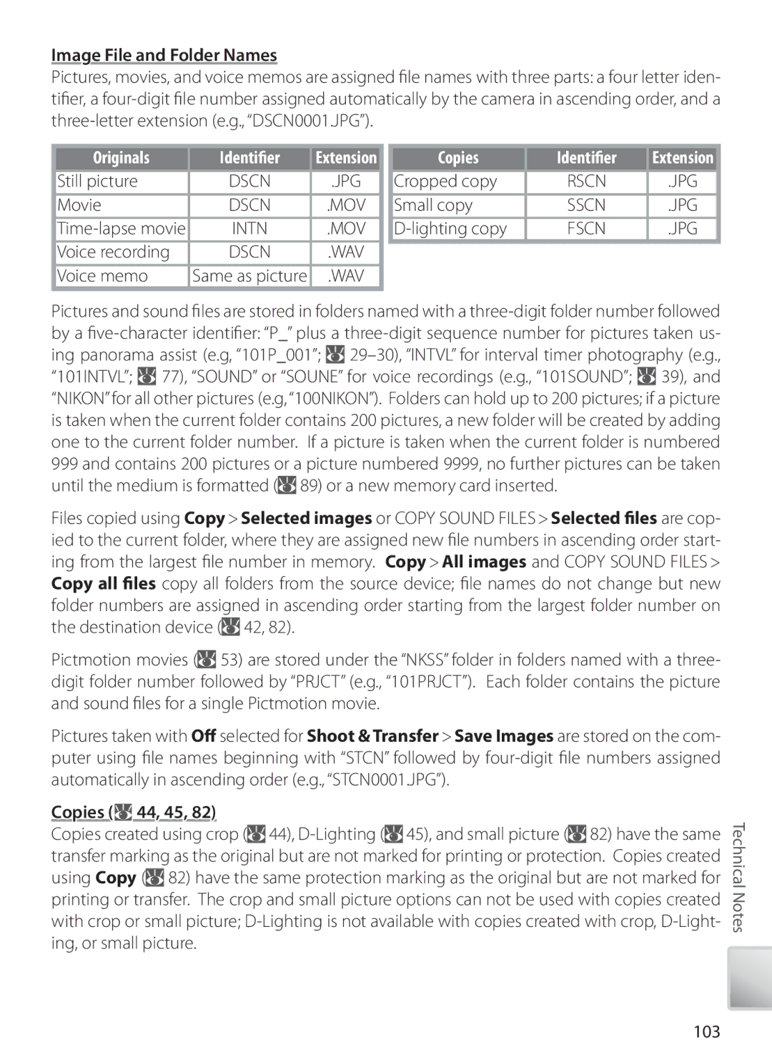 Nikon S6 manual Image File and Folder Names, Originals Identiﬁer, Copies Identiﬁer, Copies 44, 45 