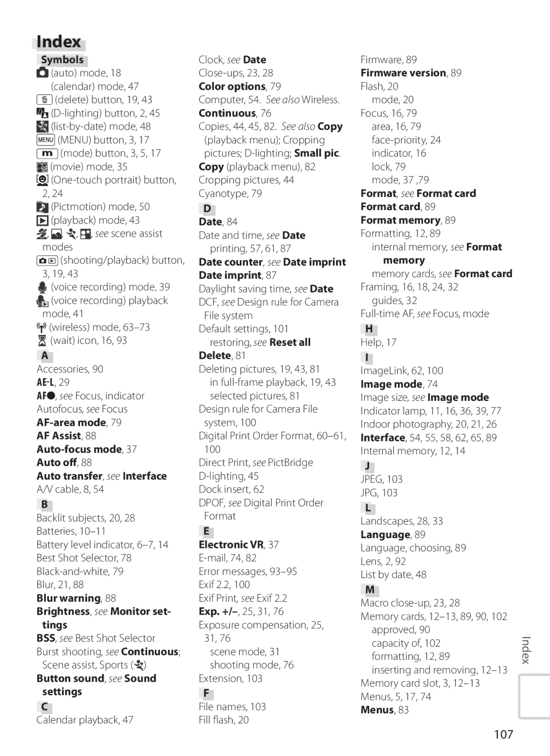 Nikon S6 manual Index, 107 