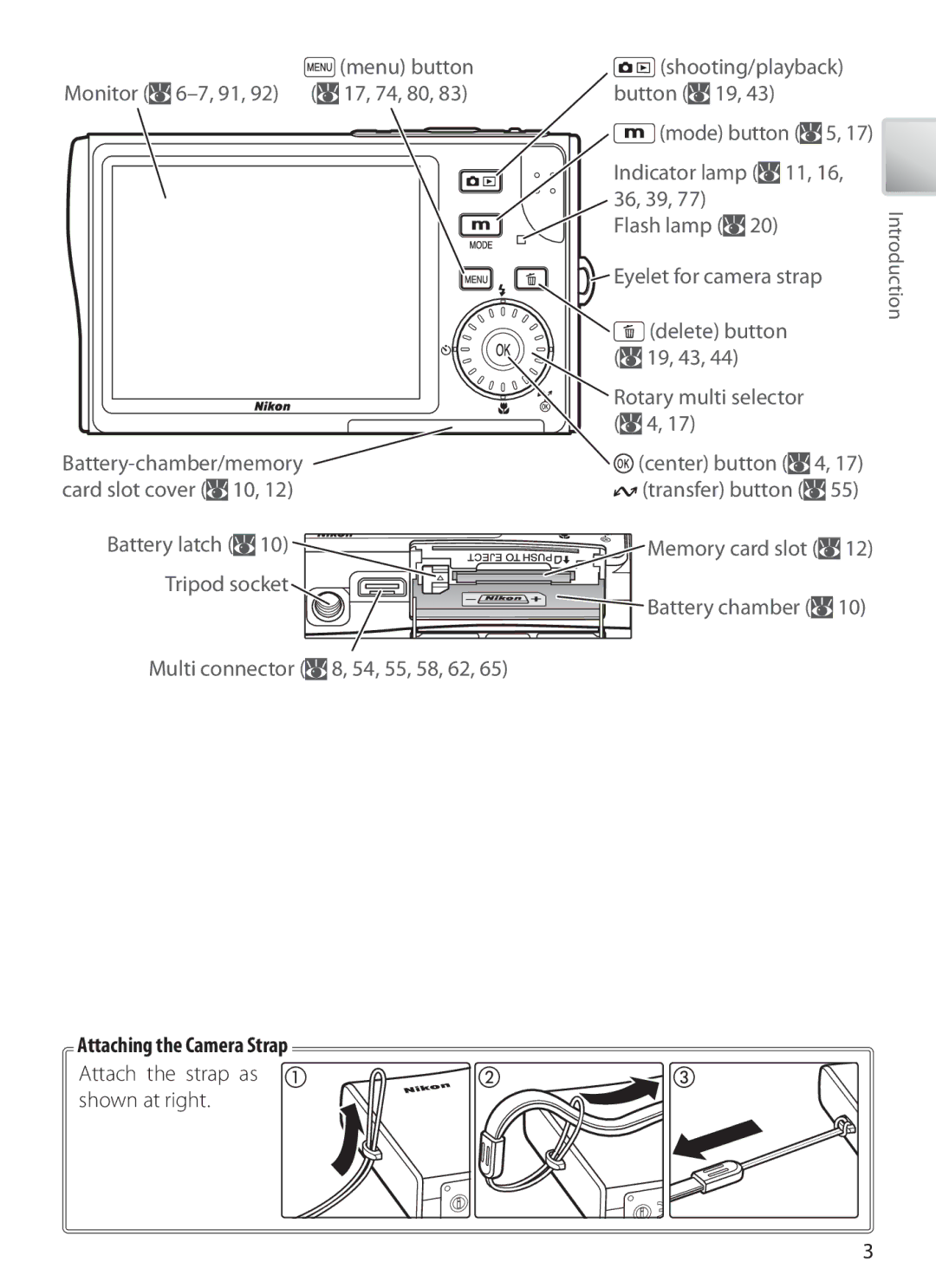 Nikon S6 manual Monitor 17, 74, 80, Attaching the Camera Strap, Attach the strap as Shown at right 