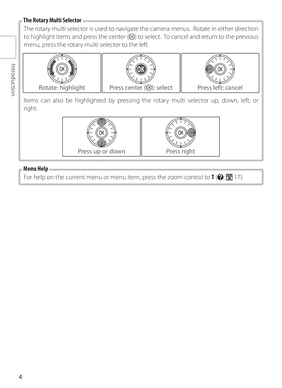 Nikon S6 manual Rotary Multi Selector, Rotate highlight Press center select, Press up or down, Menu Help 