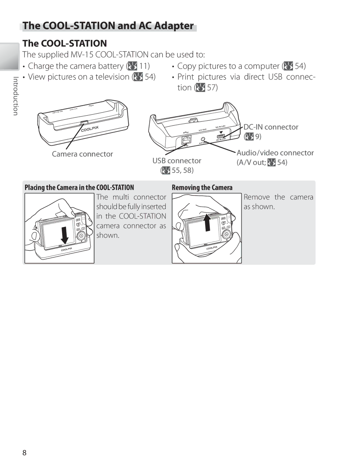 Nikon S6 manual COOL-STATION and AC Adapter, Cool-Station, Supplied MV-15 COOL-STATION can be used to, USB connector 