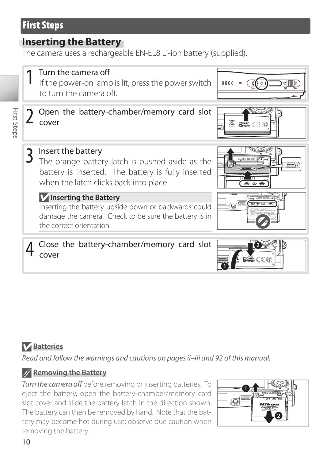 Nikon S6 manual First Steps, Inserting the Battery, Closecover the battery-chamber/memory card slot, Batteries 