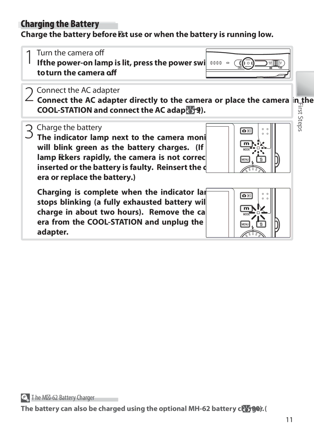 Nikon S6 manual Charging the Battery, MH-62 Battery Charger 