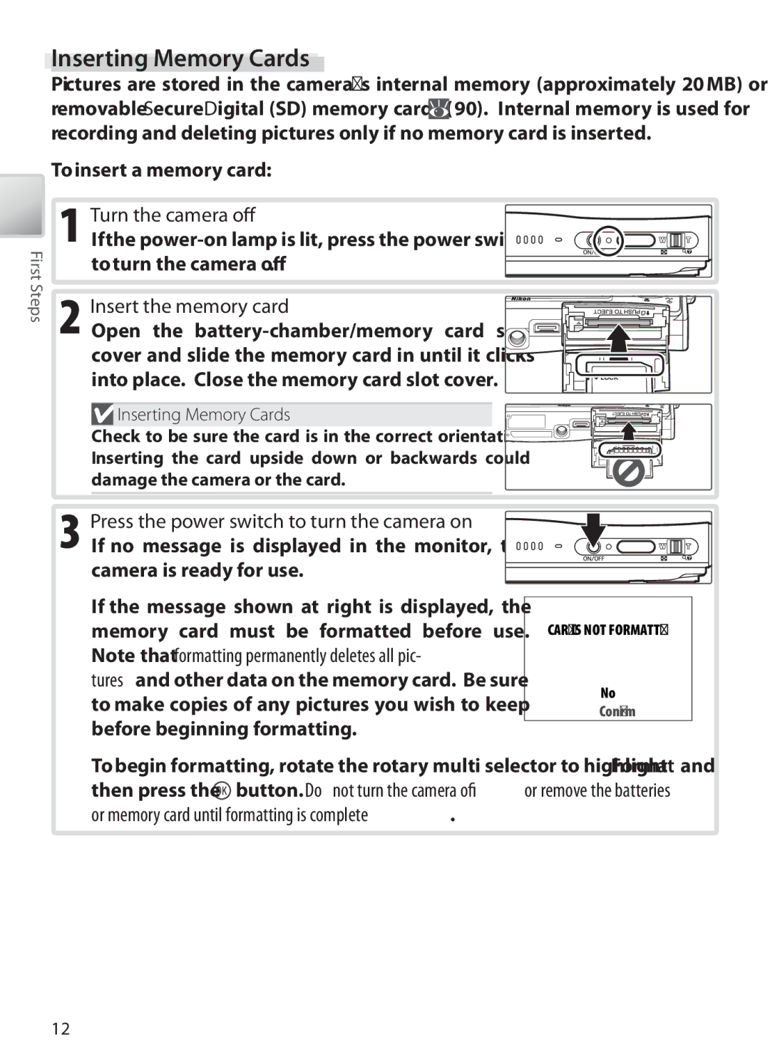 Nikon S6 manual Inserting Memory Cards 