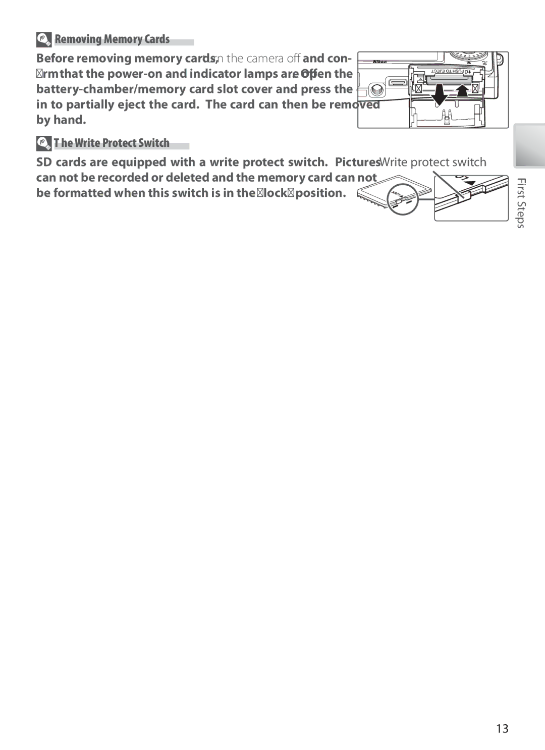 Nikon S6 manual Removing Memory Cards, Write Protect Switch, Be formatted when this switch is in the lock position 