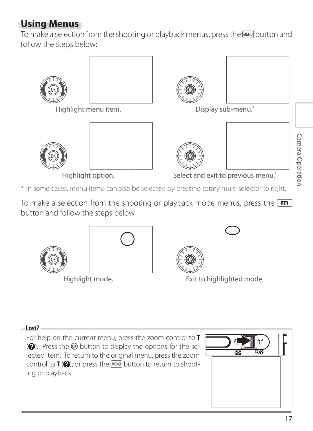 Nikon S6 manual Using Menus, Highlight menu item, Highlight option, Highlight mode, Lost? 