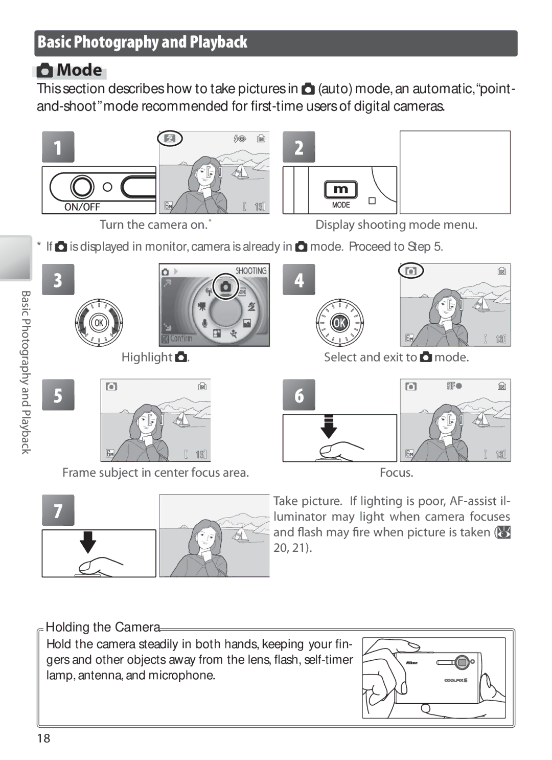 Nikon S6 manual Basic Photography and Playback, Mode, Turn the camera on, Holding the Camera 