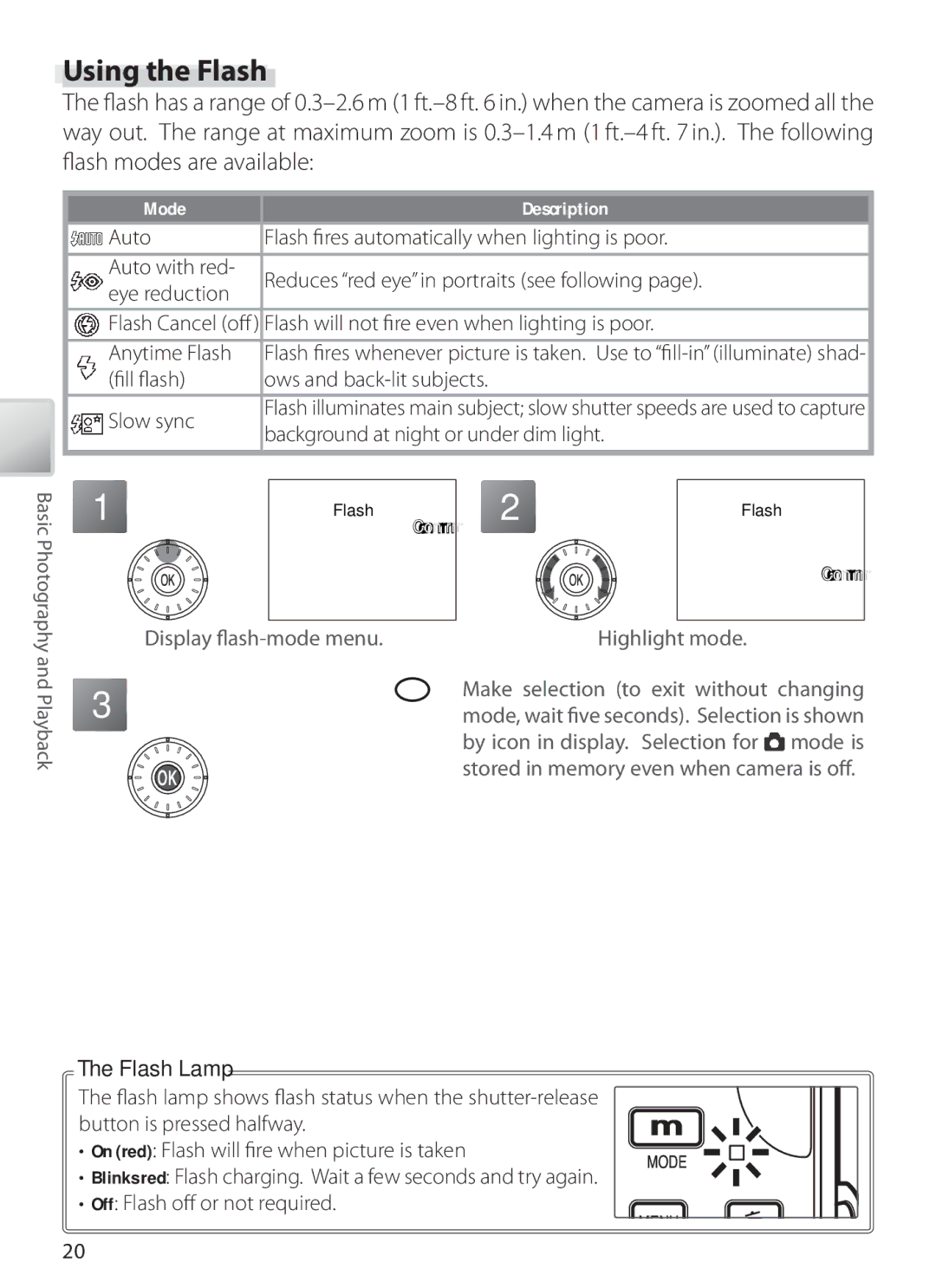 Nikon S6 manual Using the Flash, Mode Description, Flash Lamp 