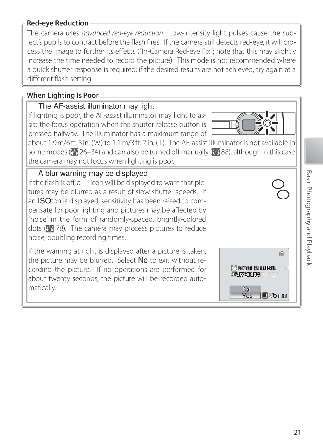 Nikon S6 manual Red-eye Reduction, When Lighting Is Poor AF-assist illuminator may light, Blur warning may be displayed 