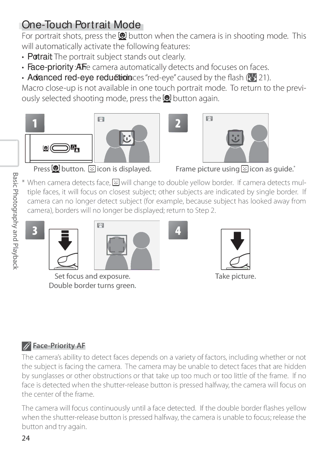 Nikon S6 manual One-Touch Portrait Mode, Press Button Icon is displayed, Take picture, Face-Priority AF 