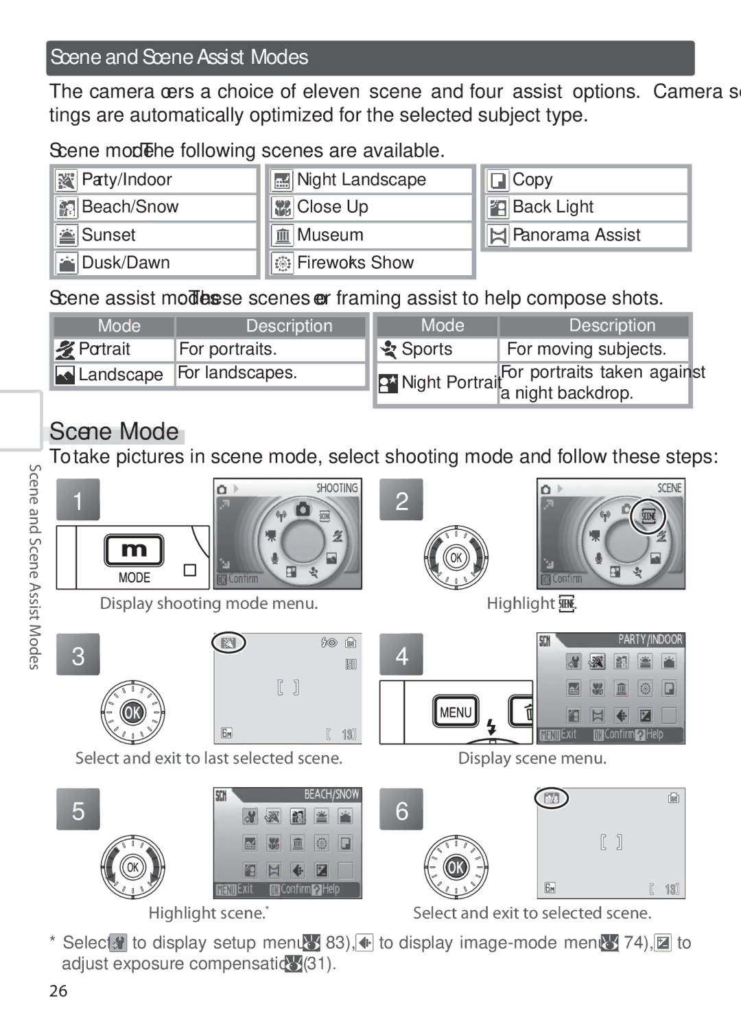 Nikon S6 manual Scene and Scene Assist Modes, Scene Mode, Scene mode The following scenes are available 