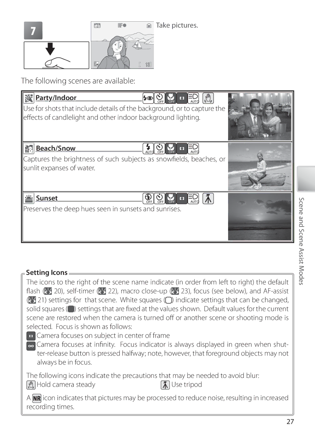 Nikon S6 manual Following scenes are available, Party/Indoor, Beach/Snow, Sunset, Setting Icons 