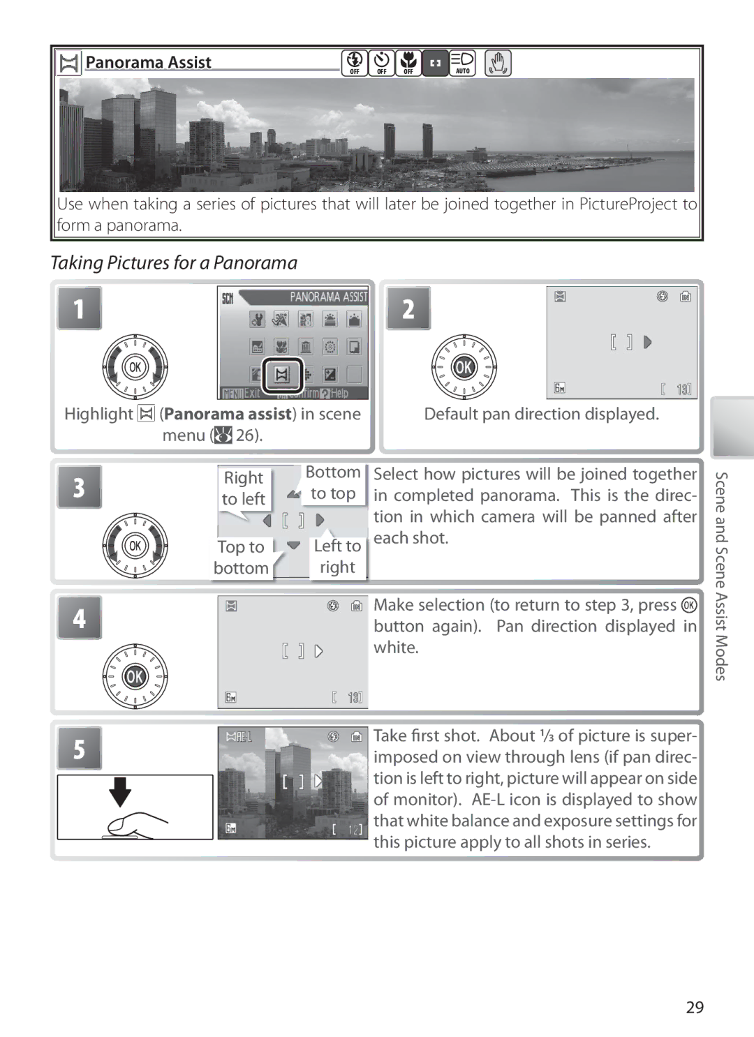 Nikon S6 manual Taking Pictures for a Panorama, Panorama Assist, Right Bottom To top To left, Left to 