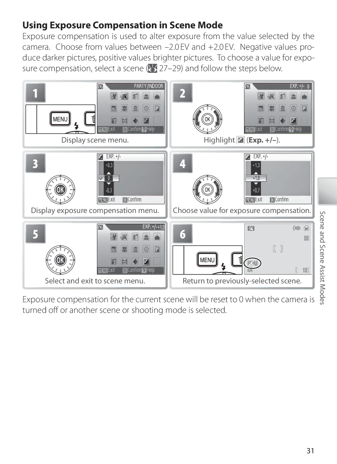 Nikon S6 manual Using Exposure Compensation in Scene Mode, Display scene menu Highlight Exp. + 