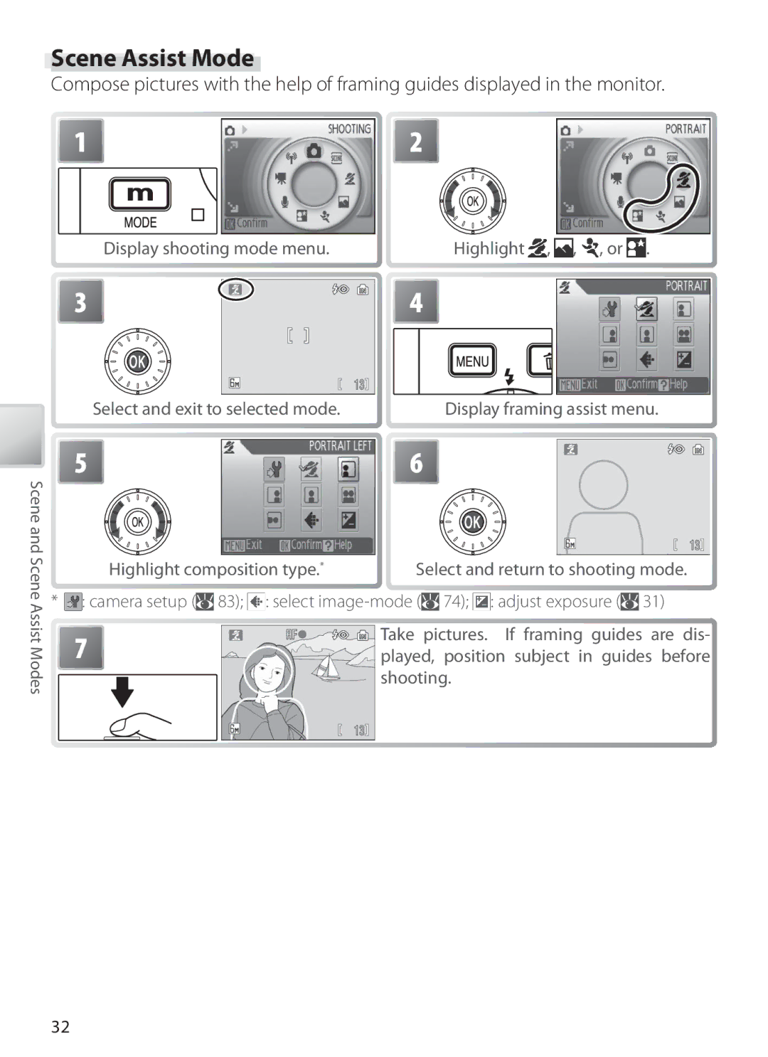 Nikon S6 manual Scene Assist Mode, Display shooting mode menu Highlight , , , or 