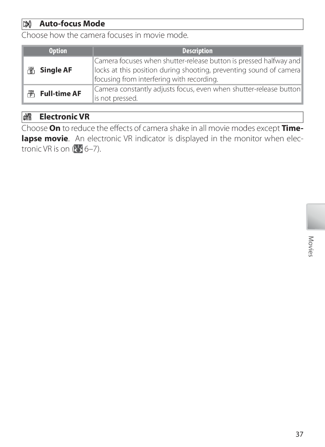 Nikon S6 manual Auto-focus Mode, Choose how the camera focuses in movie mode, Electronic VR, Single AF, Full-time AF 