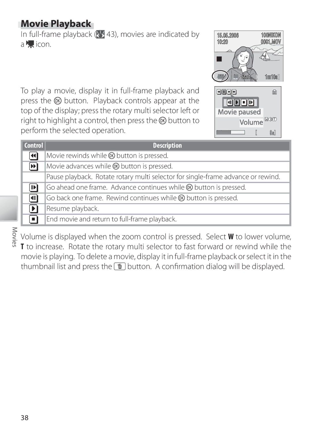 Nikon S6 manual Movie Playback, Full-frame playback 43, movies are indicated by a icon, Control 