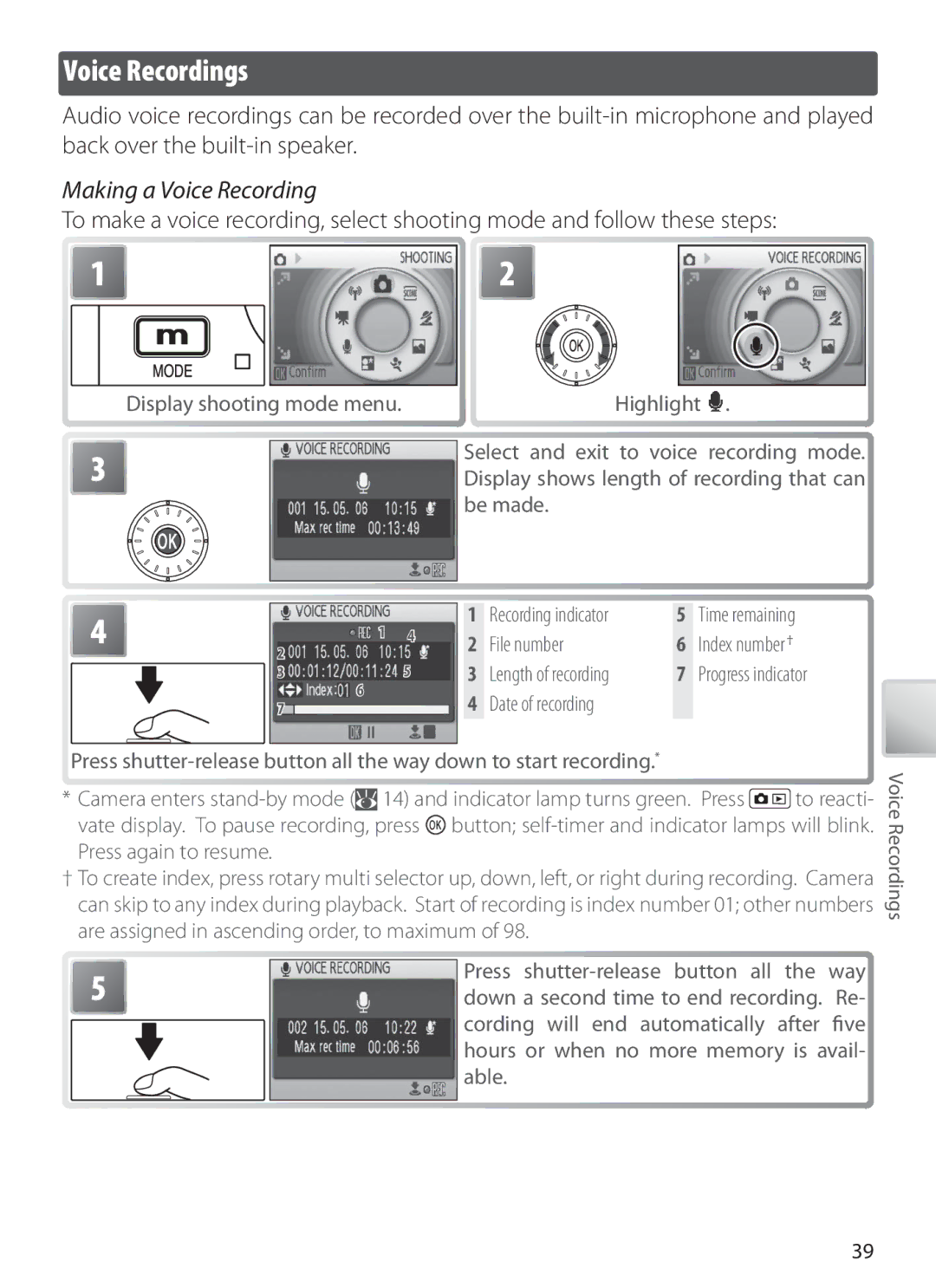 Nikon S6 manual Voice Recordings, Making a Voice Recording, File number, Cording will end automatically after ﬁve, Able 