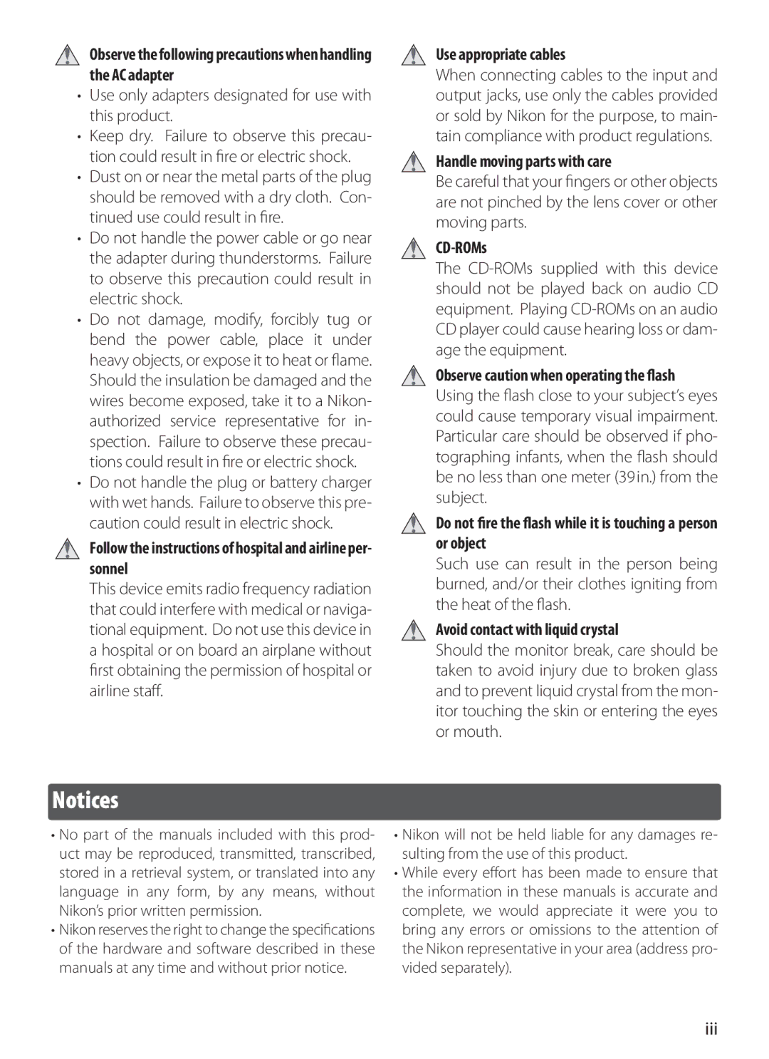 Nikon S6 manual Iii, Use only adapters designated for use with this product 