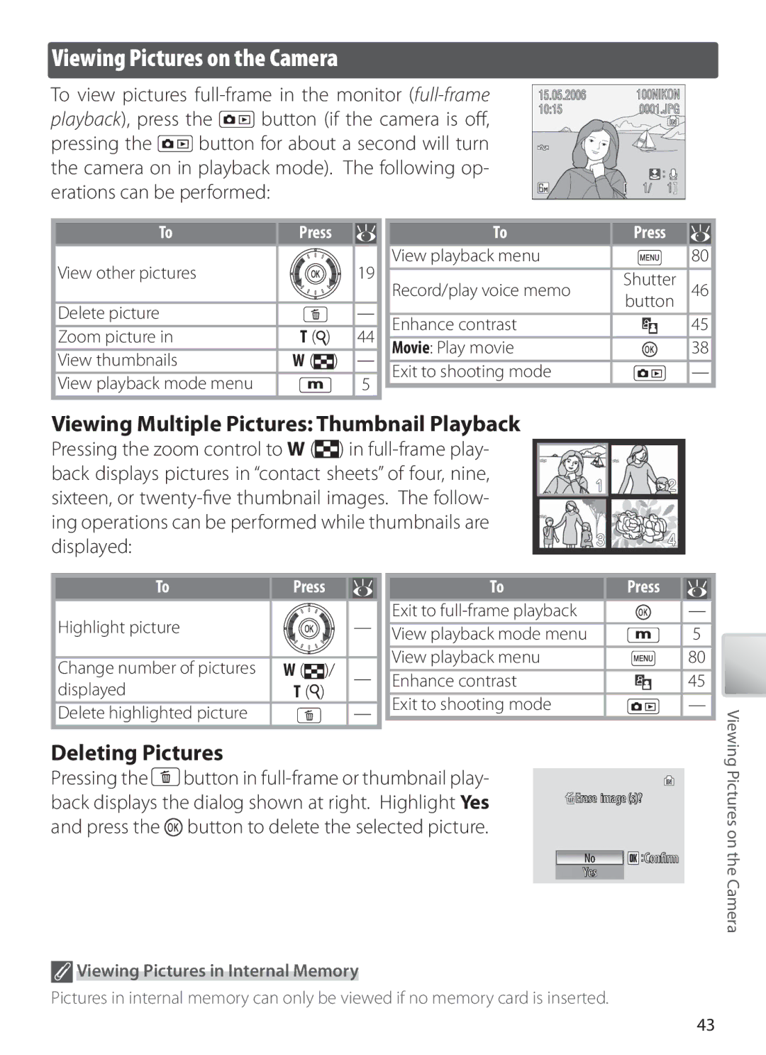 Nikon S6 manual Viewing Pictures on the Camera, Viewing Multiple Pictures Thumbnail Playback, Deleting Pictures, Press 