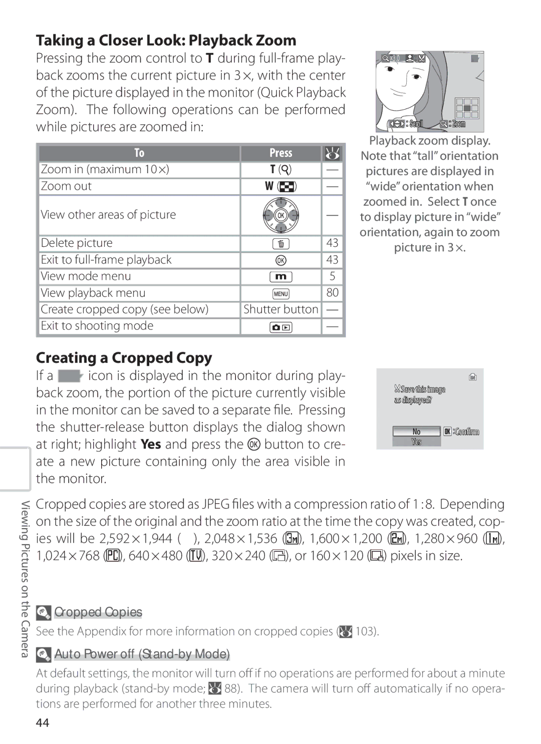 Nikon S6 Taking a Closer Look Playback Zoom, Creating a Cropped Copy, Playback zoom display Picture in 3 ×, Cropped Copies 