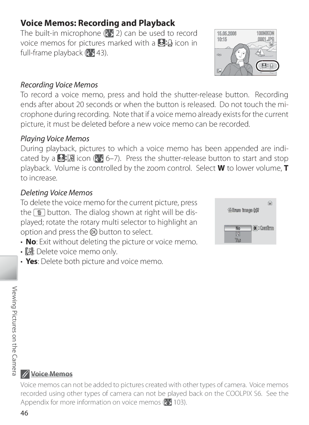 Nikon S6 manual Voice Memos Recording and Playback, Recording Voice Memos, Playing Voice Memos, Deleting Voice Memos 