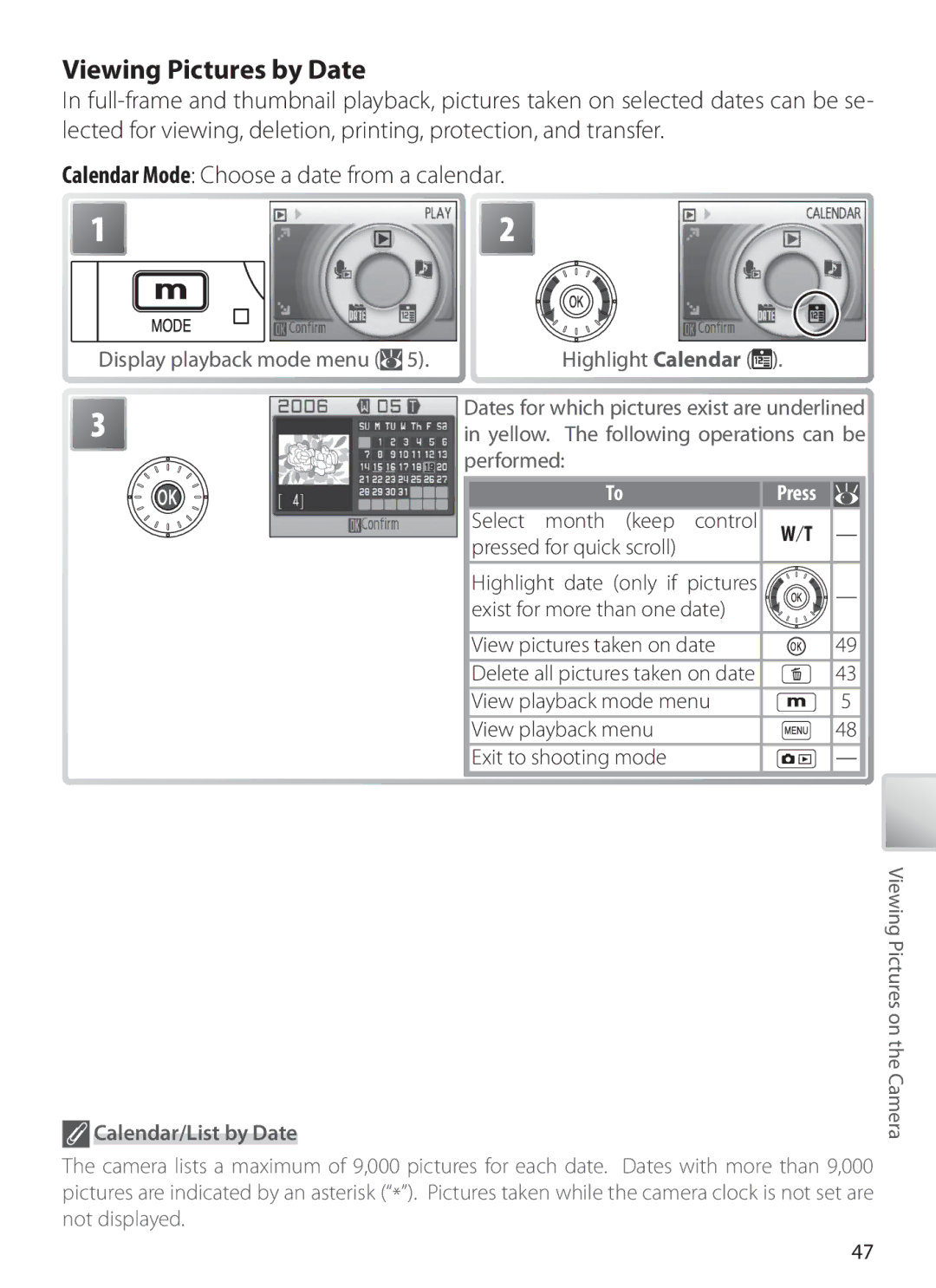 Nikon S6 manual Viewing Pictures by Date, Calendar/List by Date 