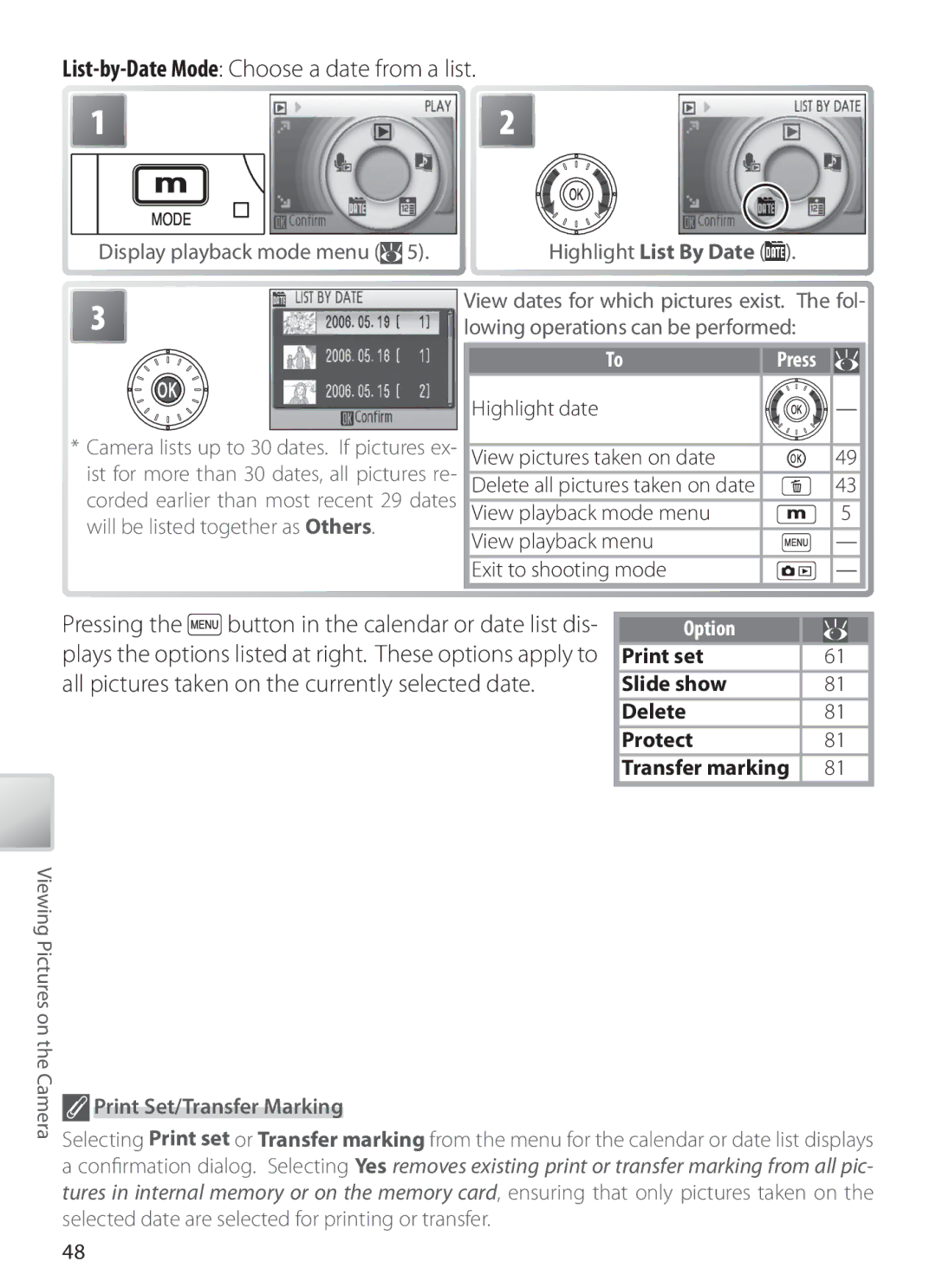 Nikon S6 manual List-by-Date Mode Choose a date from a list, Display playback mode menu, Highlight List By Date 