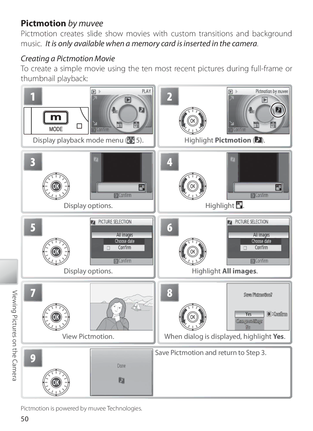 Nikon S6 manual Pictmotion by muvee, Creating a Pictmotion Movie, View Pictmotion, Highlight All images 