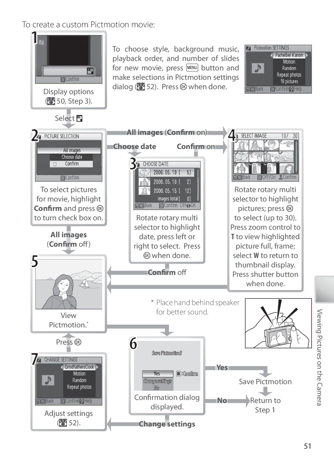 Nikon S6 manual To create a custom Pictmotion movie, All images Conﬁrm oﬀ, Choose date Conﬁrm on, Yes 